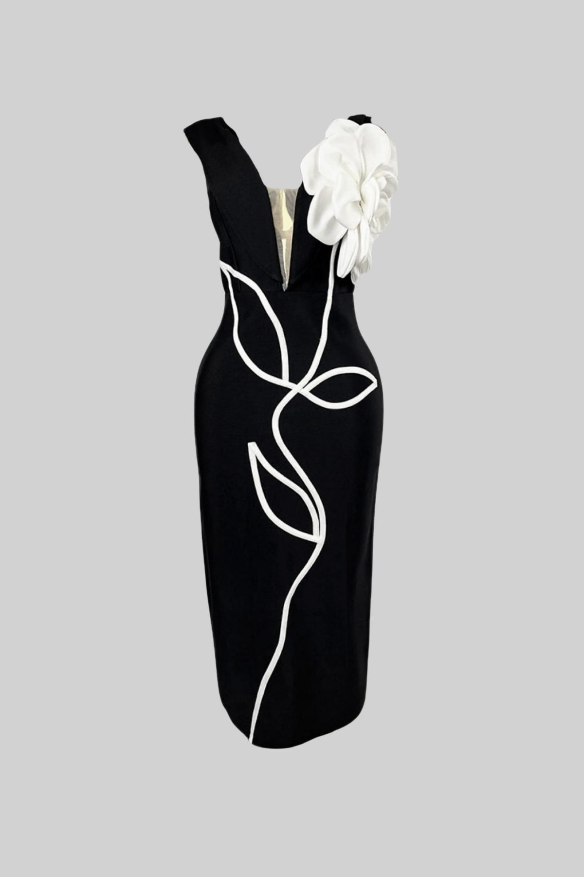 Floral Appliqué Midi Dress With Plunging Neckline – Black & White - View 2