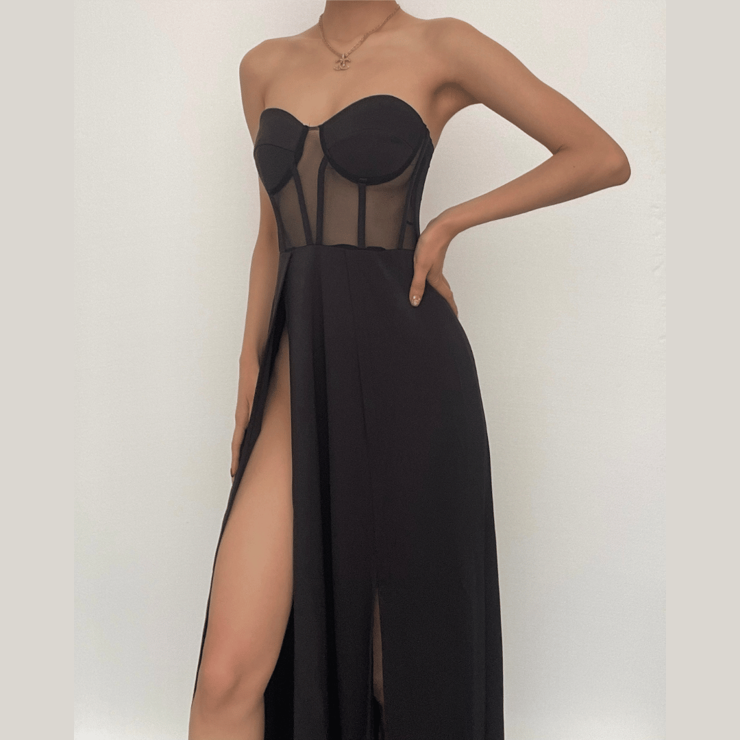 Mesh heart neck high slit pleated tube maxi dress - View 2