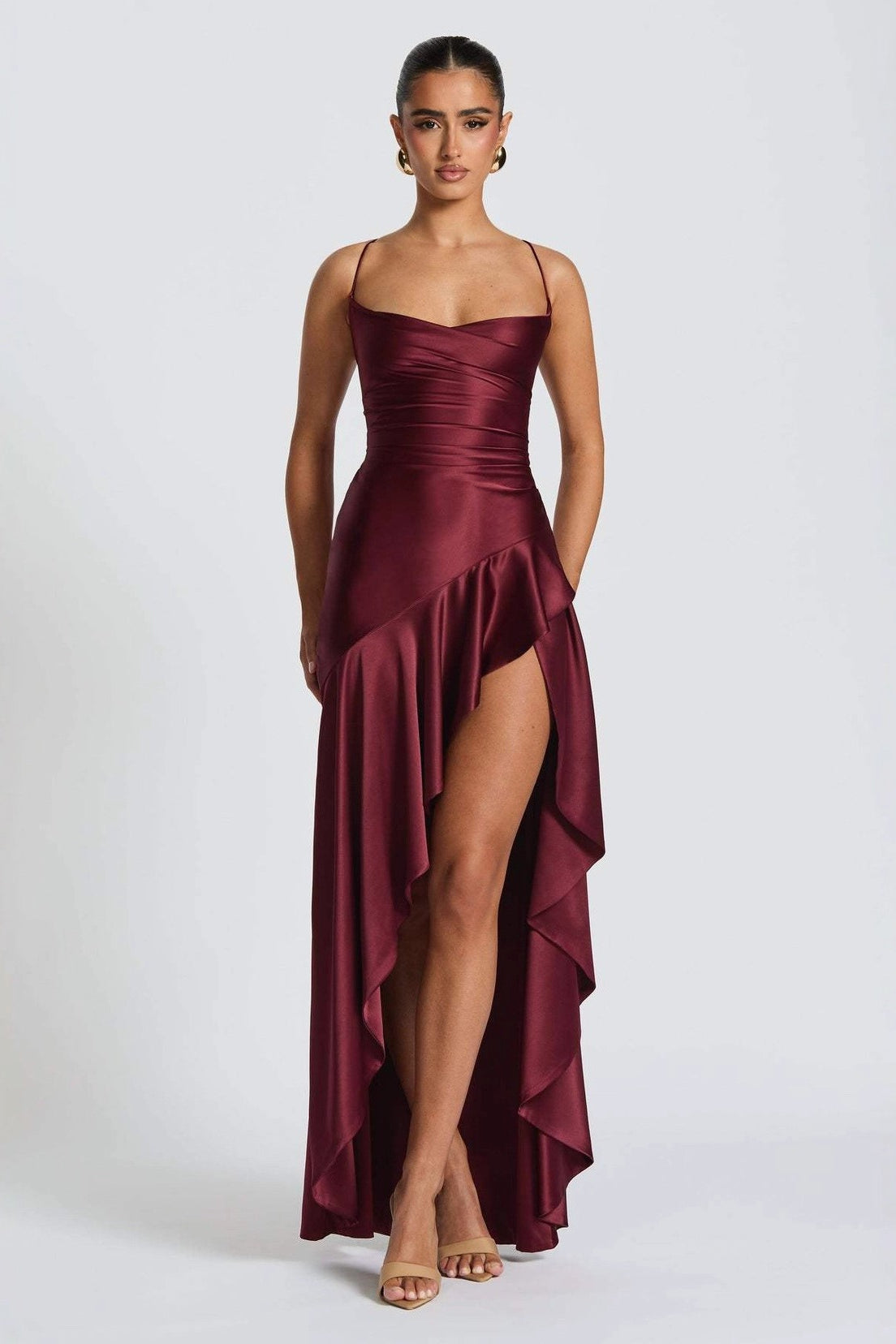 Satin Cowl Neck Spaghetti Strap Ruched High Low Maxi Dress - View 2