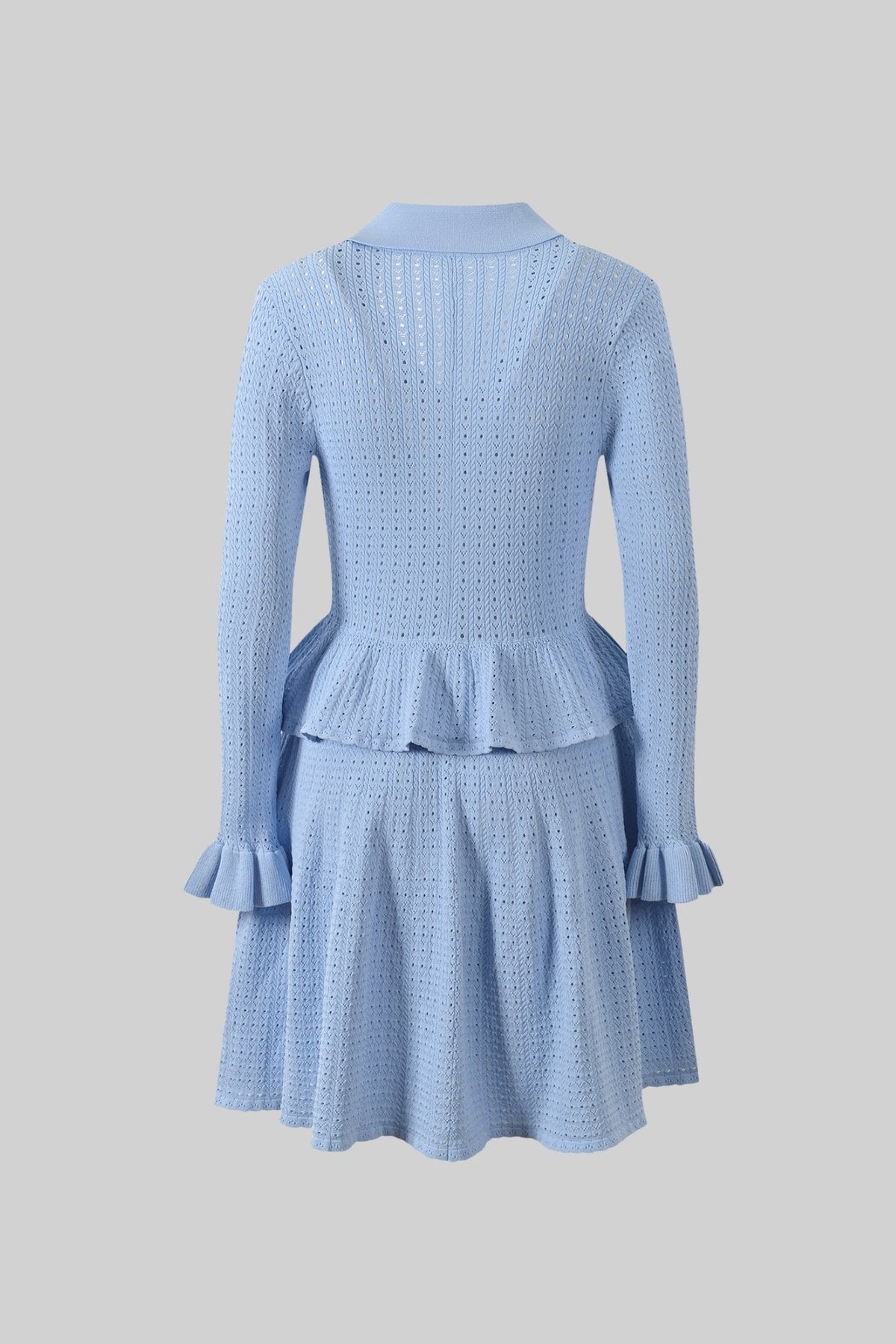 Knit Mini Dress with Peplum Waist and Gold Button Detail - Light Blue - View 6