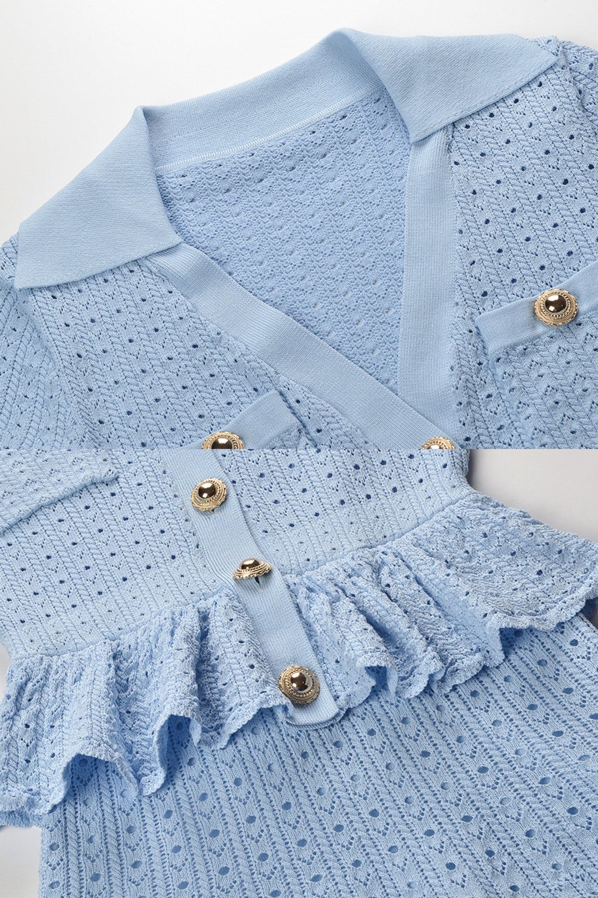 Knit Mini Dress with Peplum Waist and Gold Button Detail - Light Blue - View 7
