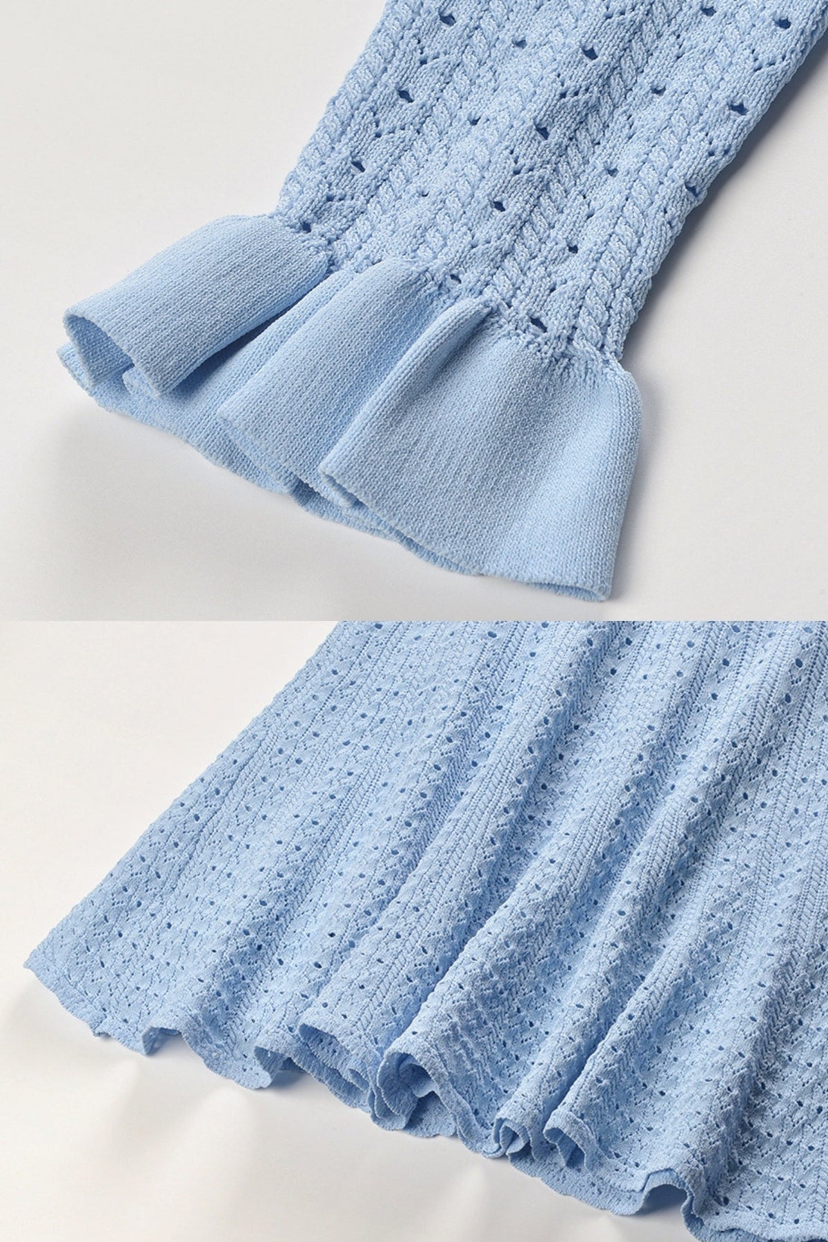 Knit Mini Dress with Peplum Waist and Gold Button Detail - Light Blue - View 8