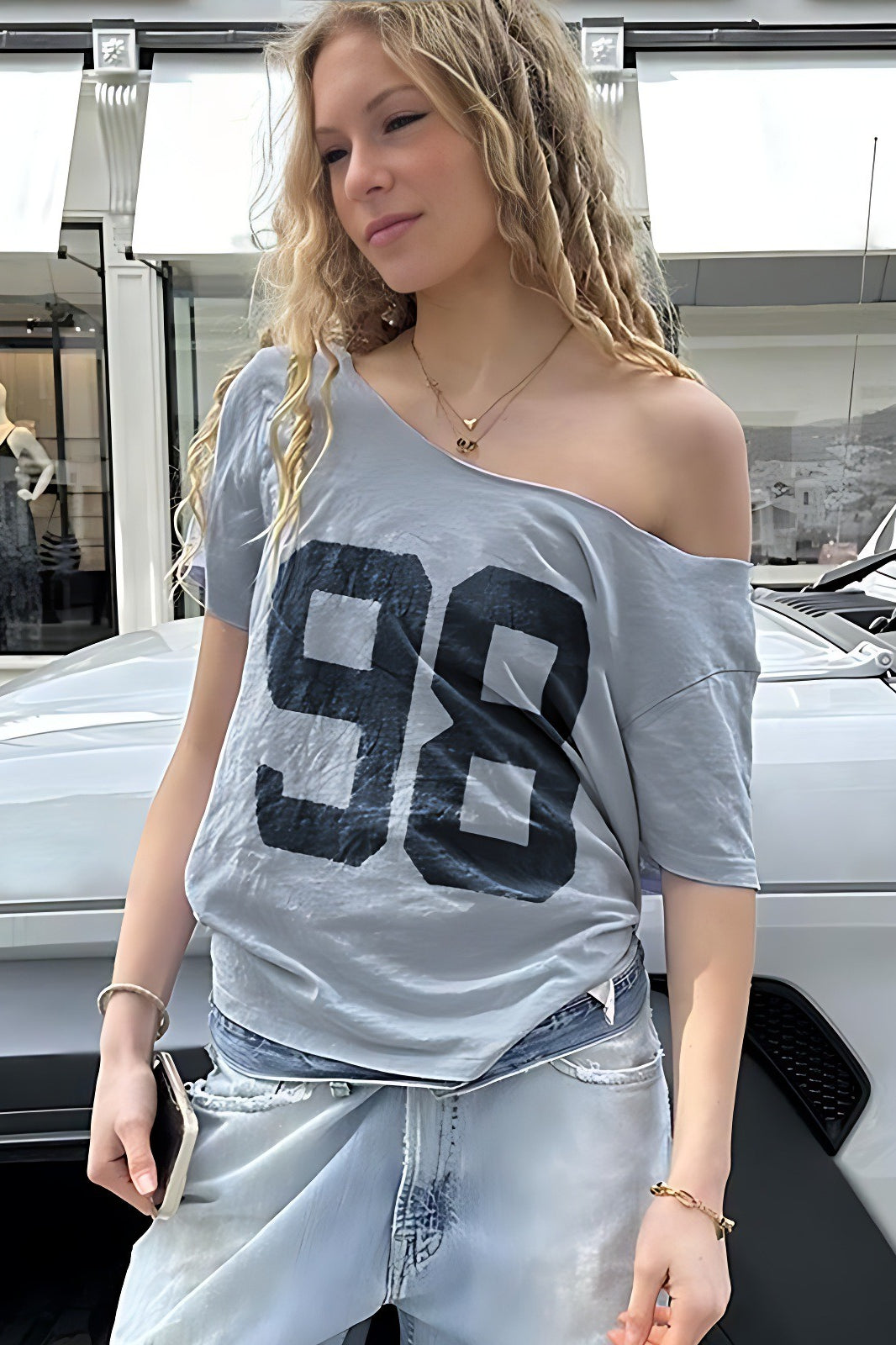 Off Shoulder Short Sleeve Number Print Oversized Top 2