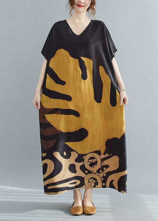 Chiffon V-Neck Short Sleeve Abstract Leaf Print Kaftan Maxi Dress - View 3