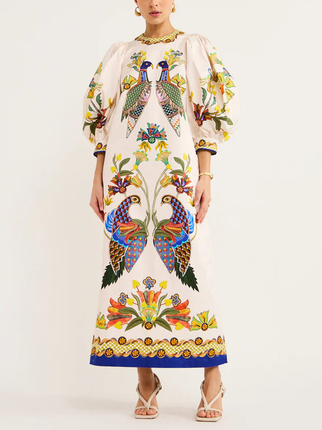 Exquisite And Fun Printed Puff Trendy Sleeves Loose Midi