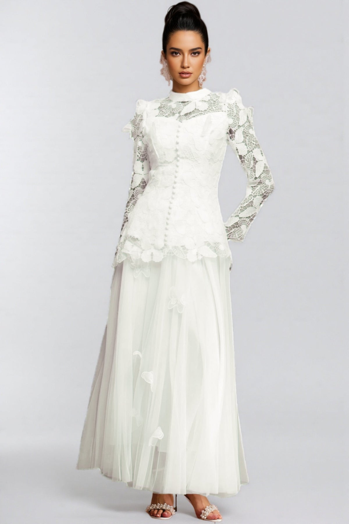 Greetk Folds Lace Butterfly Top Maxi Dress Two-Piece Set