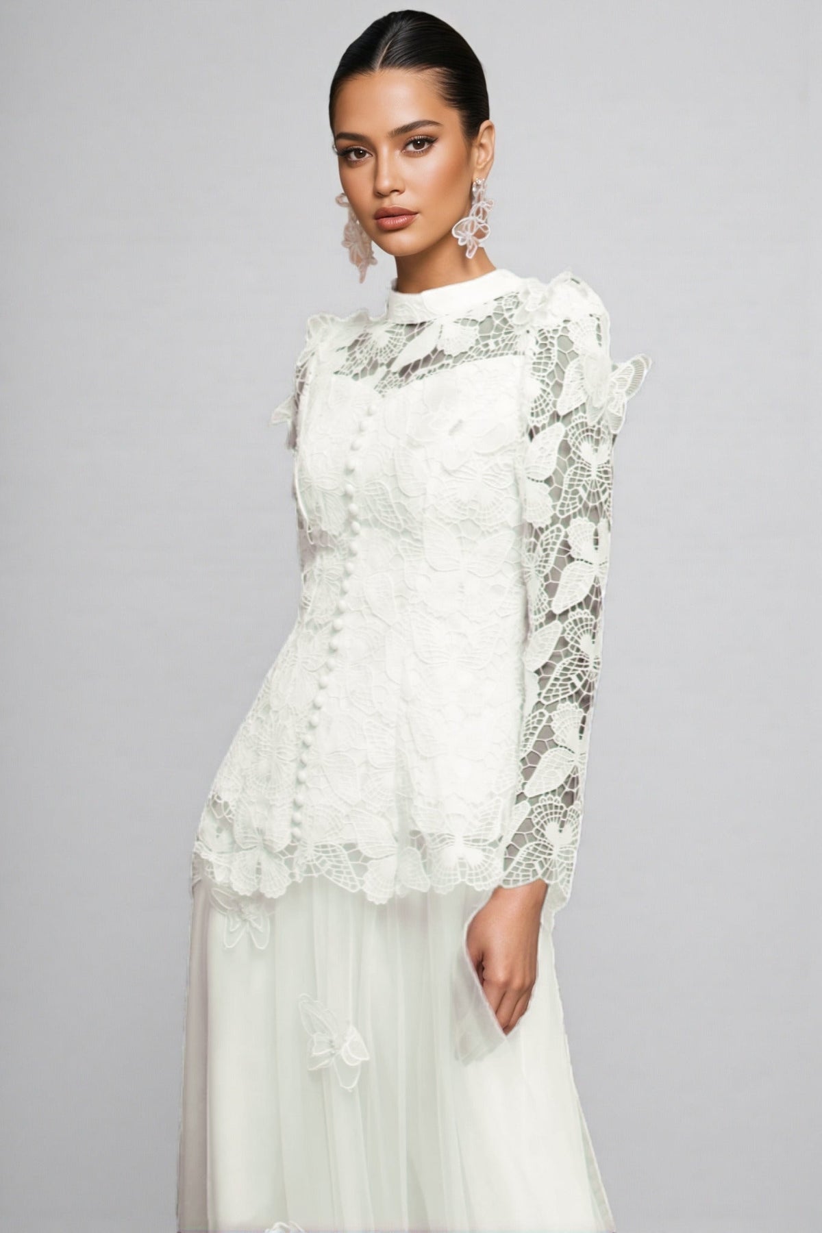 Greetk Folds Lace Butterfly Top Maxi Dress Two-Piece Set - View 5