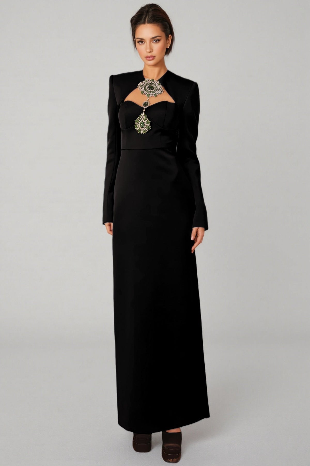 Crystal Brooch Chest Cut Out Long Sleeve Column Maxi Gown