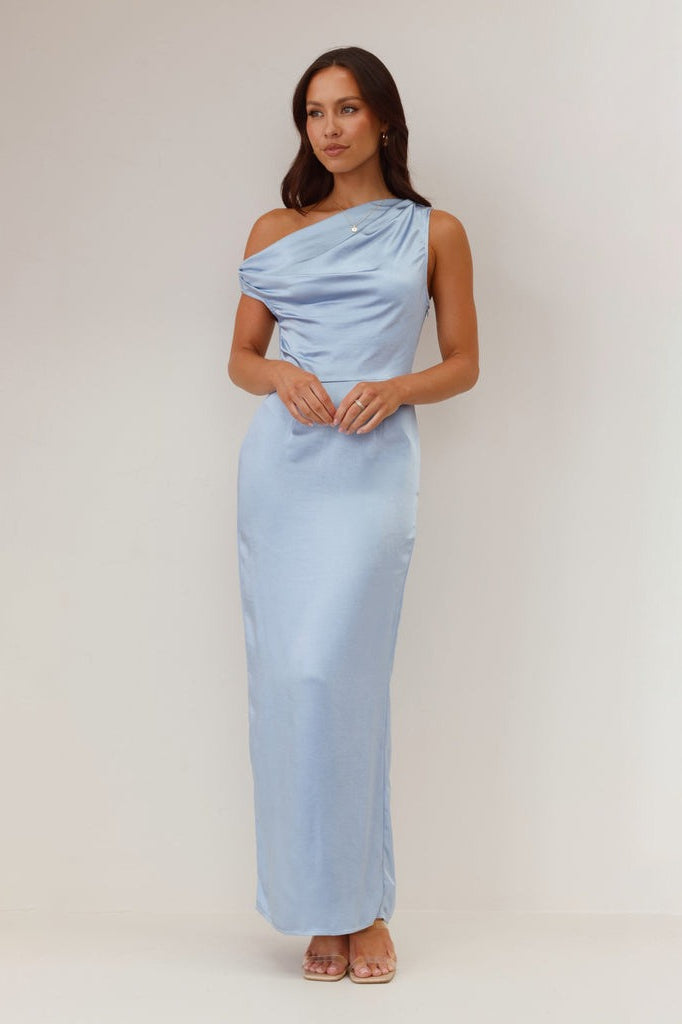 Satin One Shoulder Draped Column Maxi Dress - View 11