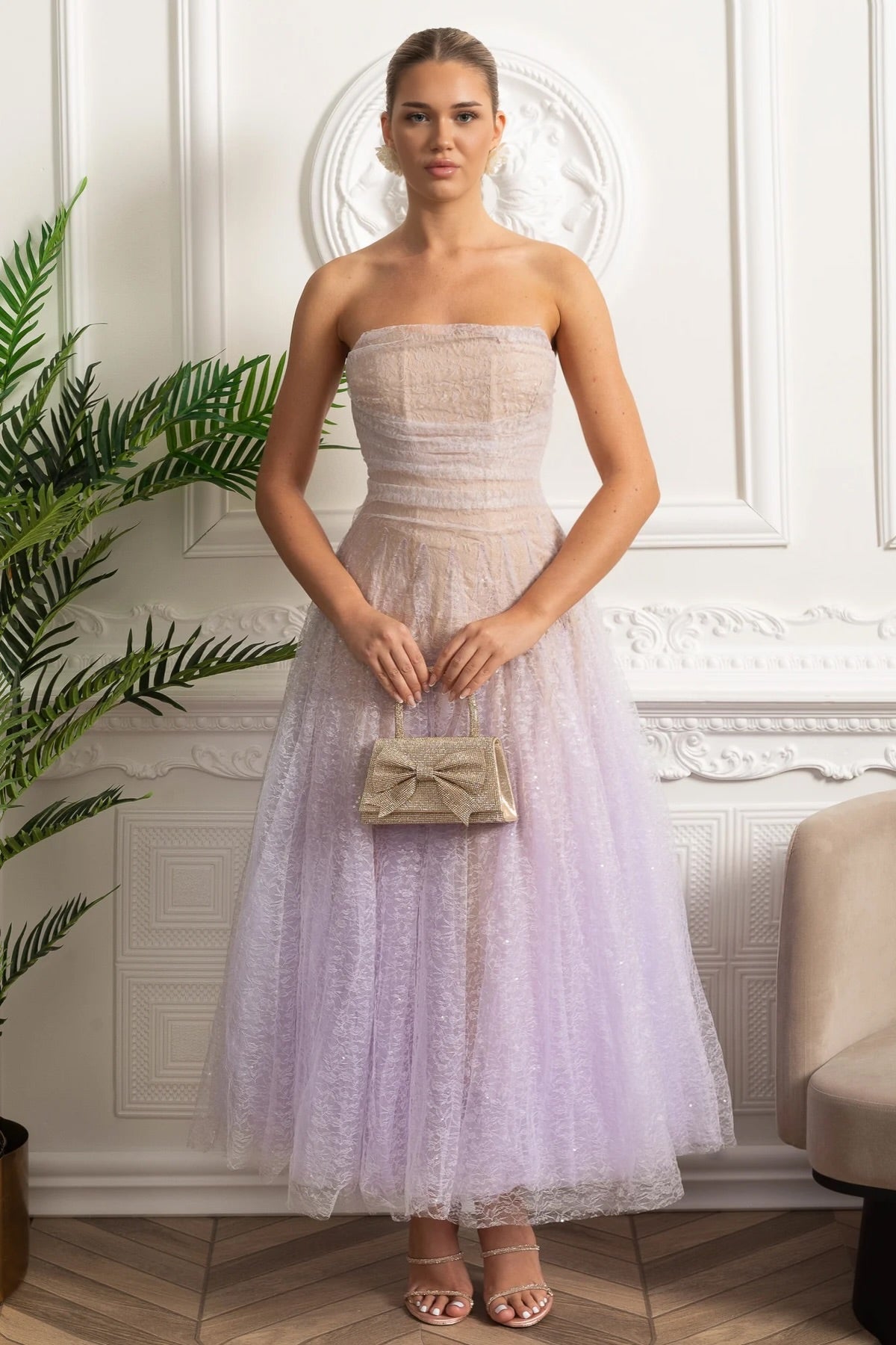 Strapless A-Line Midi Dress - Lilac Gradient