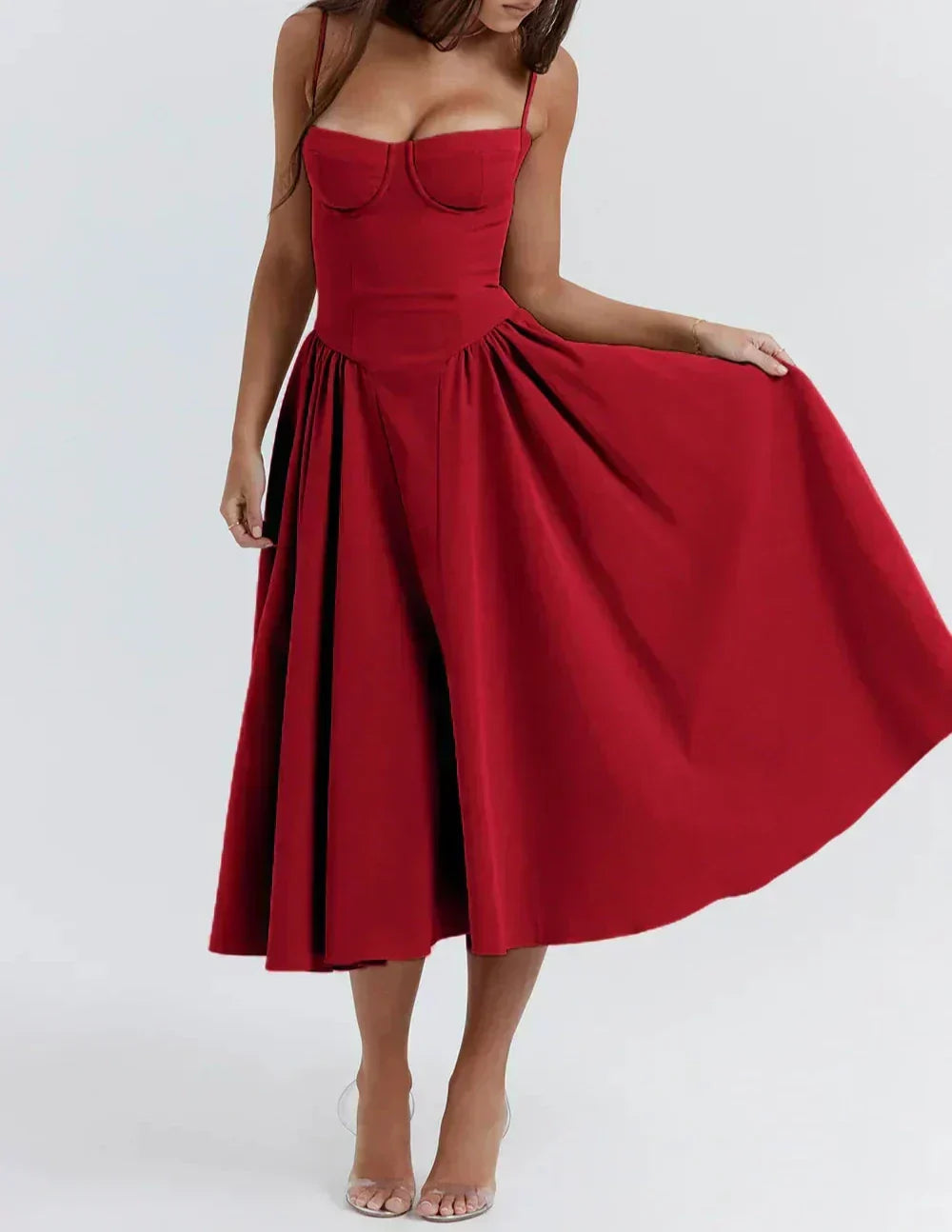 Spaghetti Strap Sweetheart Corset Fit and Flare Midi Dress - View 8