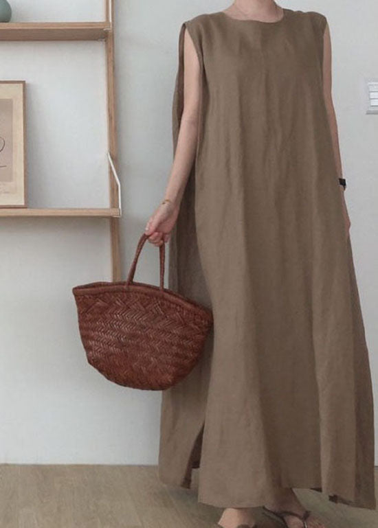 Round Neck Sleeveless Side Slit Oversized Linen Blend Maxi Dress - View 4