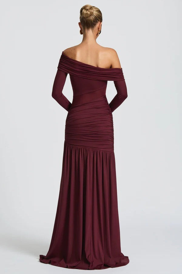 Off Shoulder Long Sleeve Ruched High Split Mermaid Gown in Black - View 2