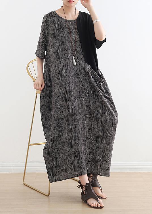 Textured Stripe Print Short Sleeve Patch Pocket Oversized Maxi Dress - View 3