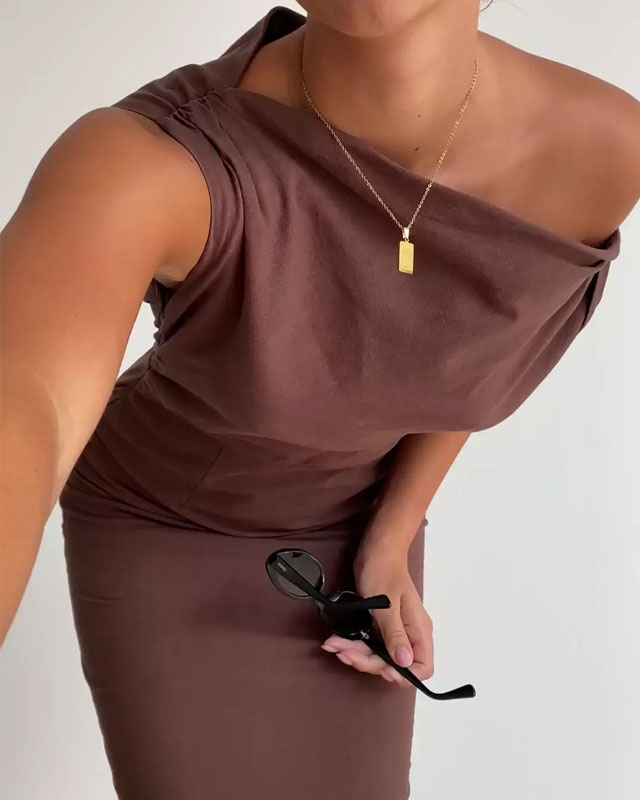 One Shoulder Draped Column Maxi Summer Dress - View 9