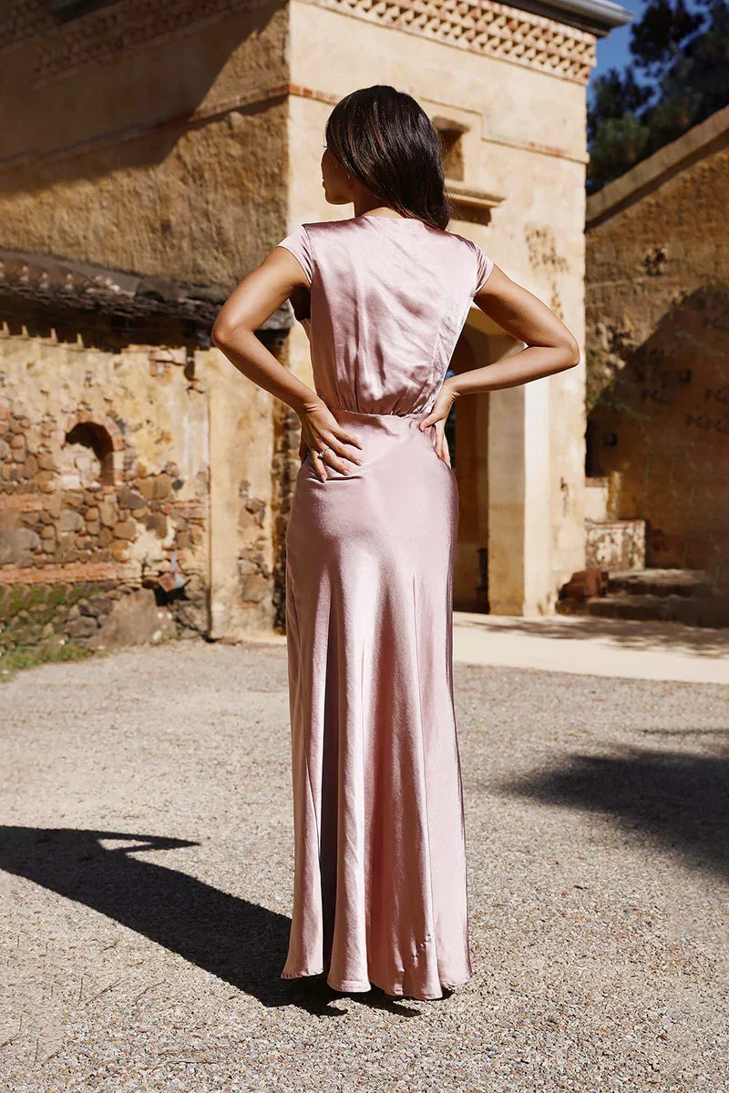 Satin Wrap Deep V-Neck Flutter Sleeve A-Line Maxi Gown - View 2