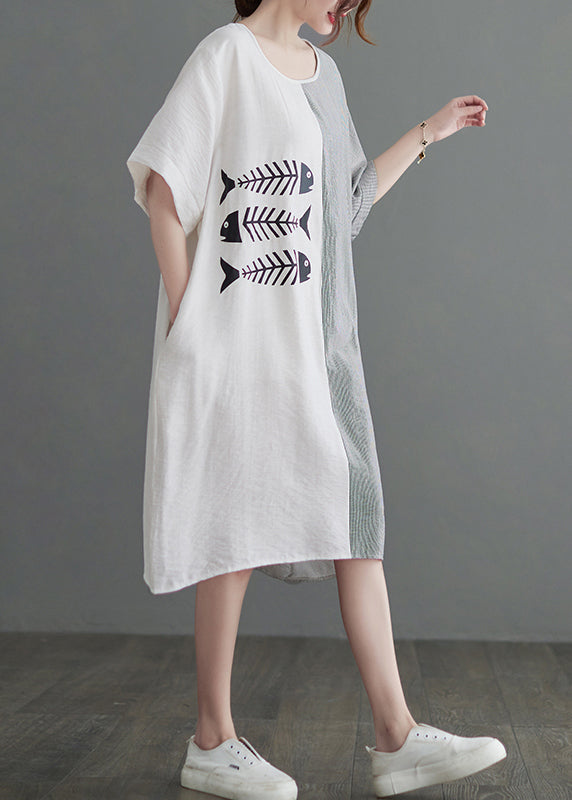 Fish Skeleton Print Color Block Vertical Stripe Dress - View 4