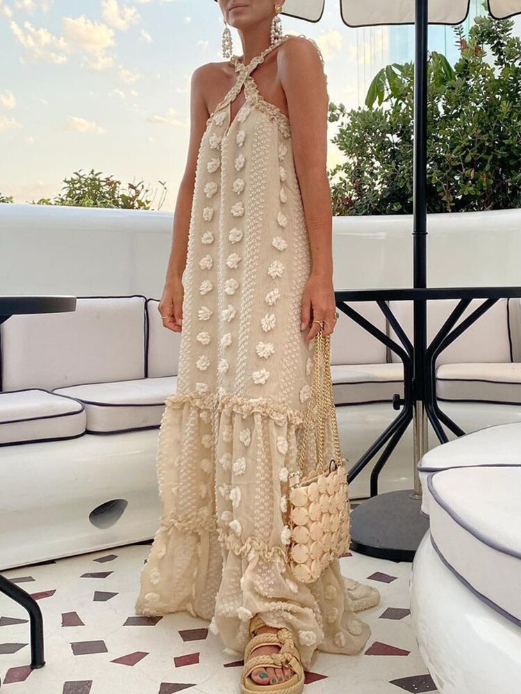 Halter Neck Floral Applique Mesh Tiered Ruffle Maxi Dress - View 5