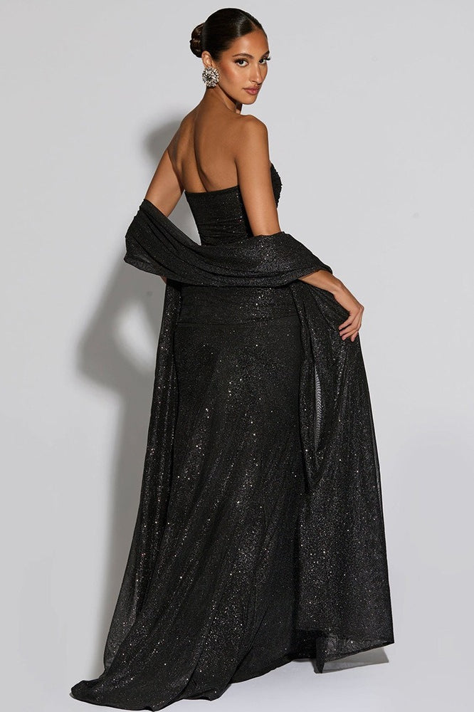Metallic Strapless Cape Sleeve Ruched Twist Mermaid Maxi Dress - View 5