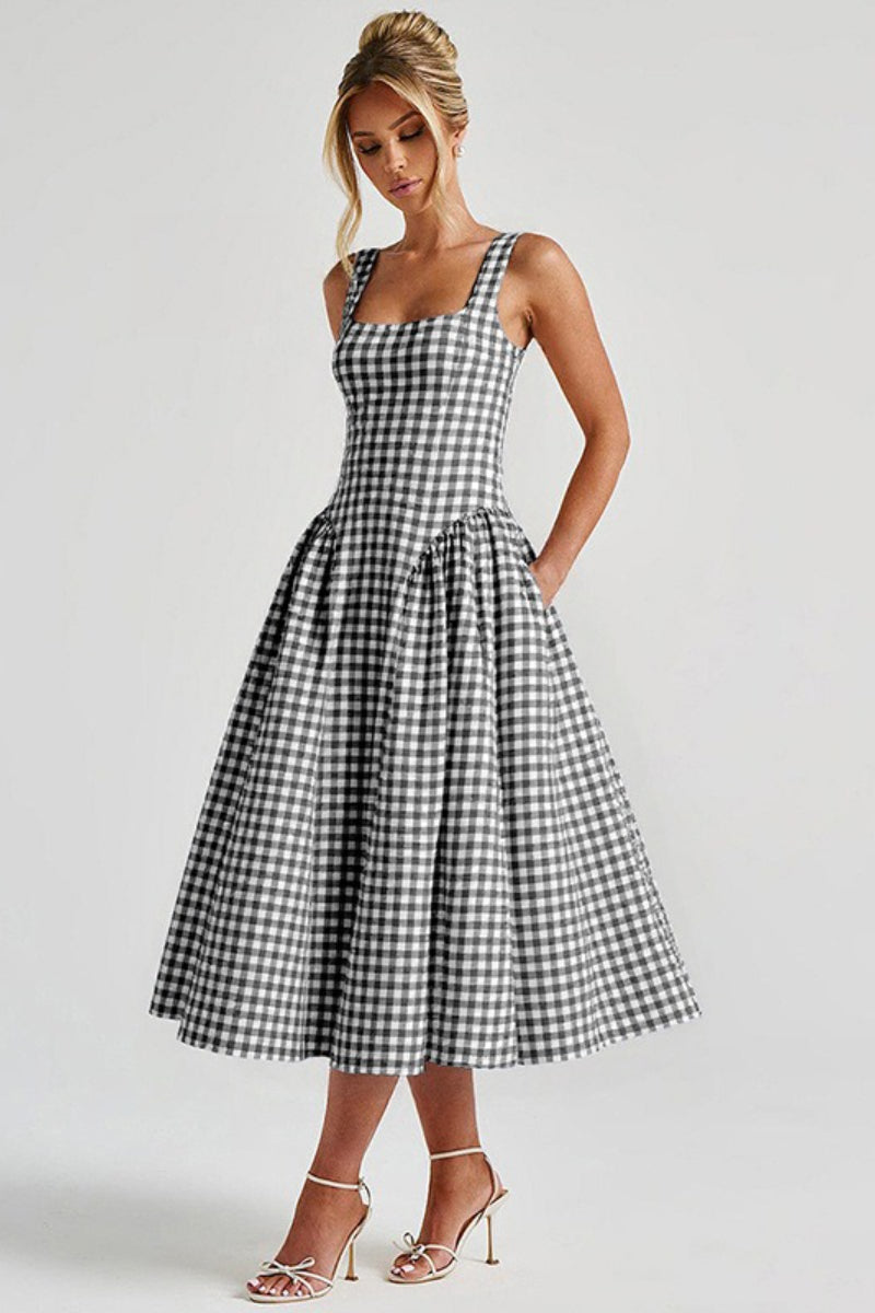 Plaid Square Neck Sleeveless Fit and Flare Midi Dress - View 12