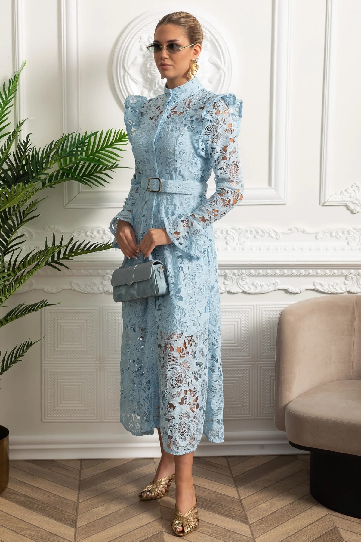 Lace Midi Dress with Ruffled Shoulders and Floral Detailing - Blue - View 3