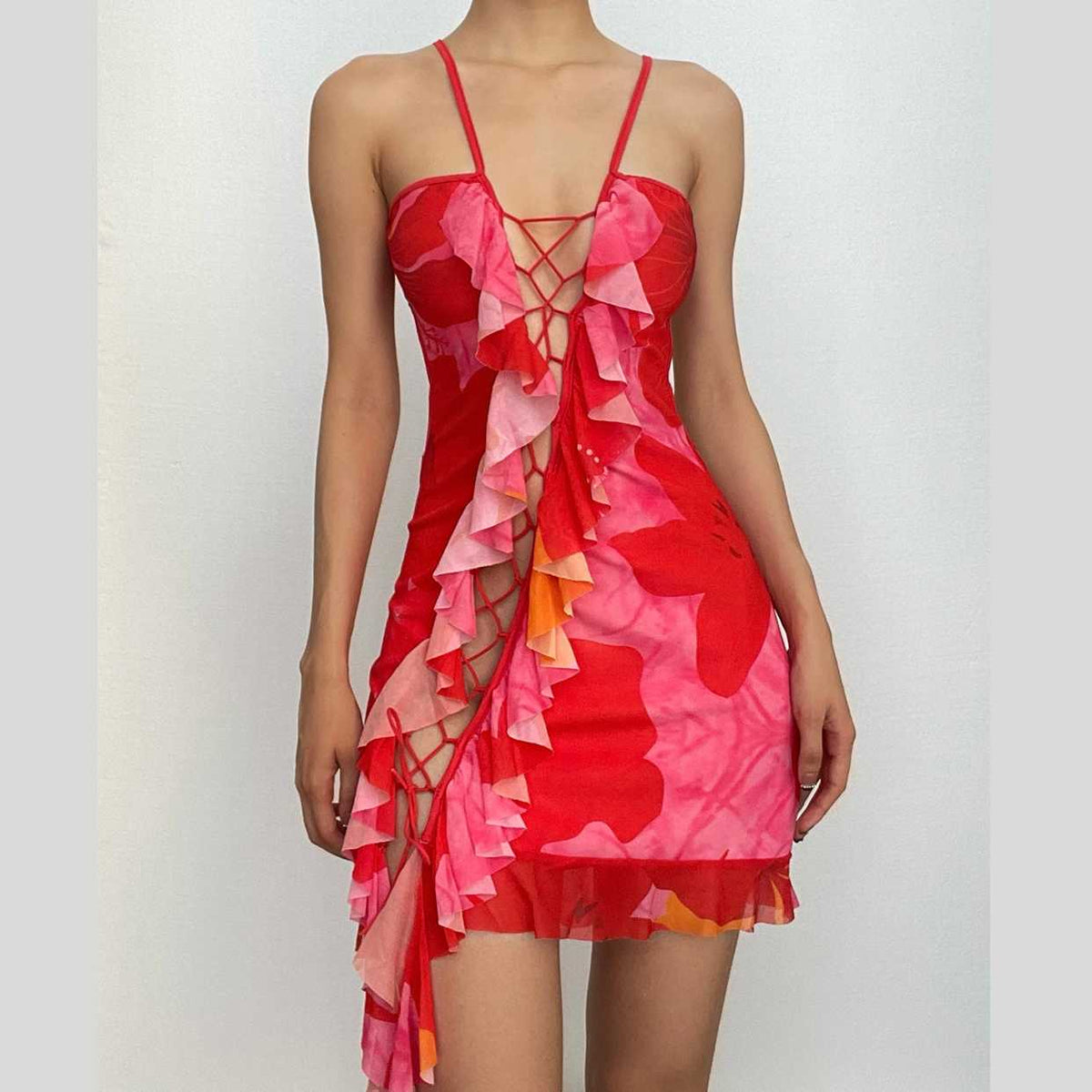 Lace up ruffle hollow out backless cami mini dress - View 2
