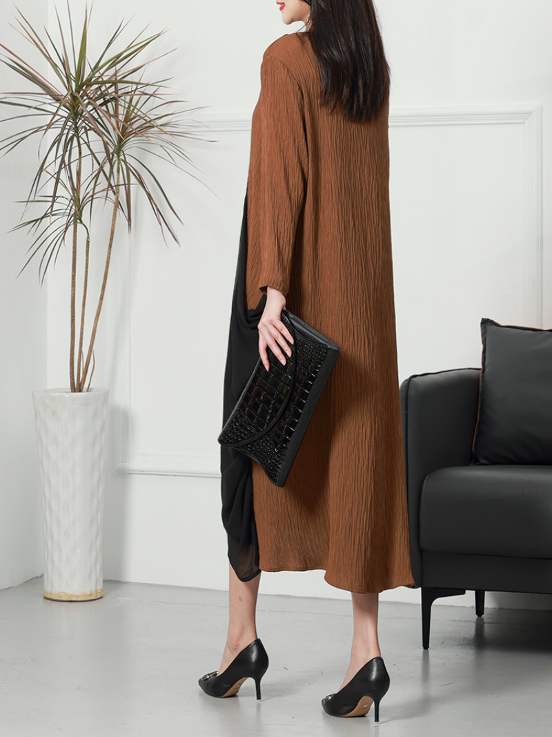 V-Neck Long Sleeve Chiffon Layered Loose Midi Dress - View 3