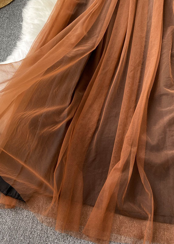 Mesh Square Neck Puff Sleeve Pleated Tulle Overlay Maxi Dress - View 5