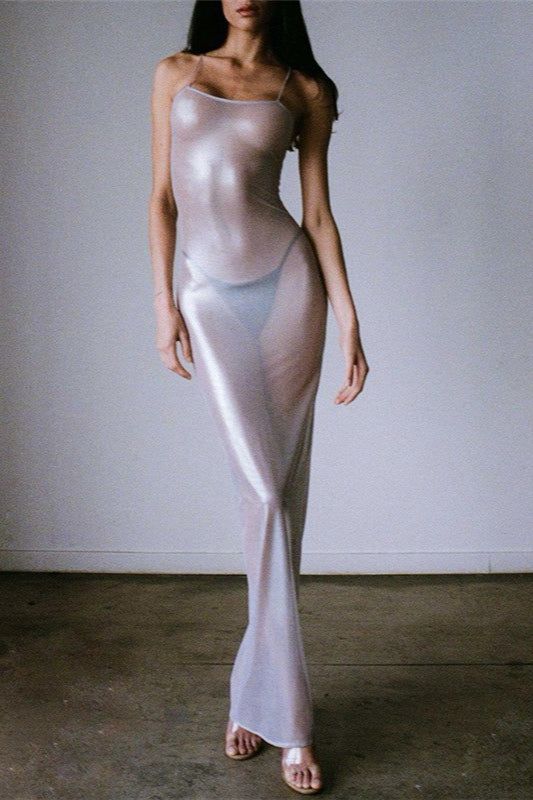 Spaghetti Strap Sheer Shimmer Bodycon Slip Maxi Dress - View 3