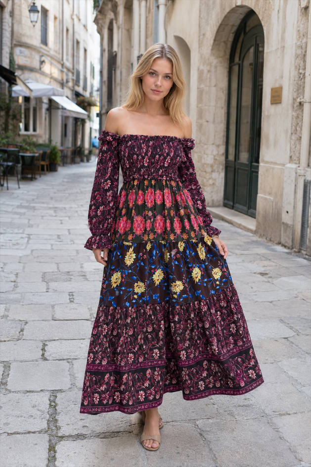 Floral Square Neck Long Sleeve Smocked Tiered Maxi Dress 3