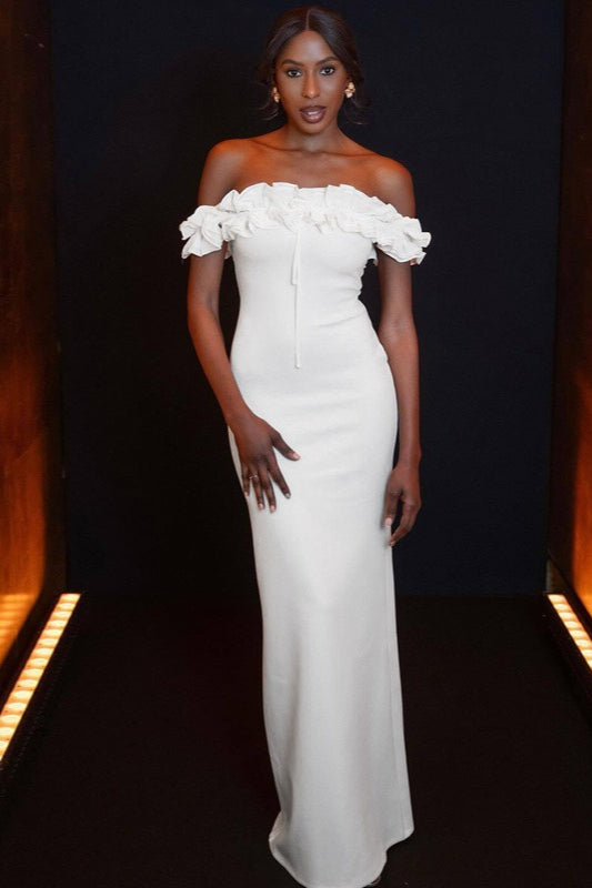 Off Shoulder Ruffle Trim Tie Front Bodycon Maxi Dress - View 8