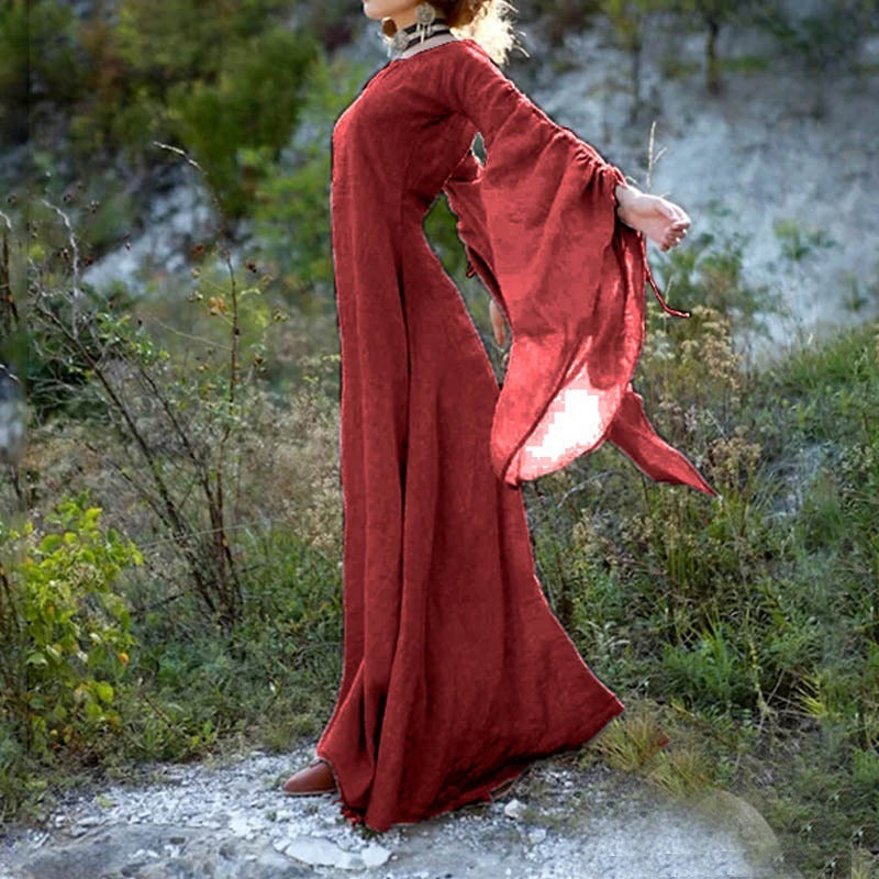 Bell Sleeve Scoop Neck Flowy Linen Look Maxi Dress - View 2