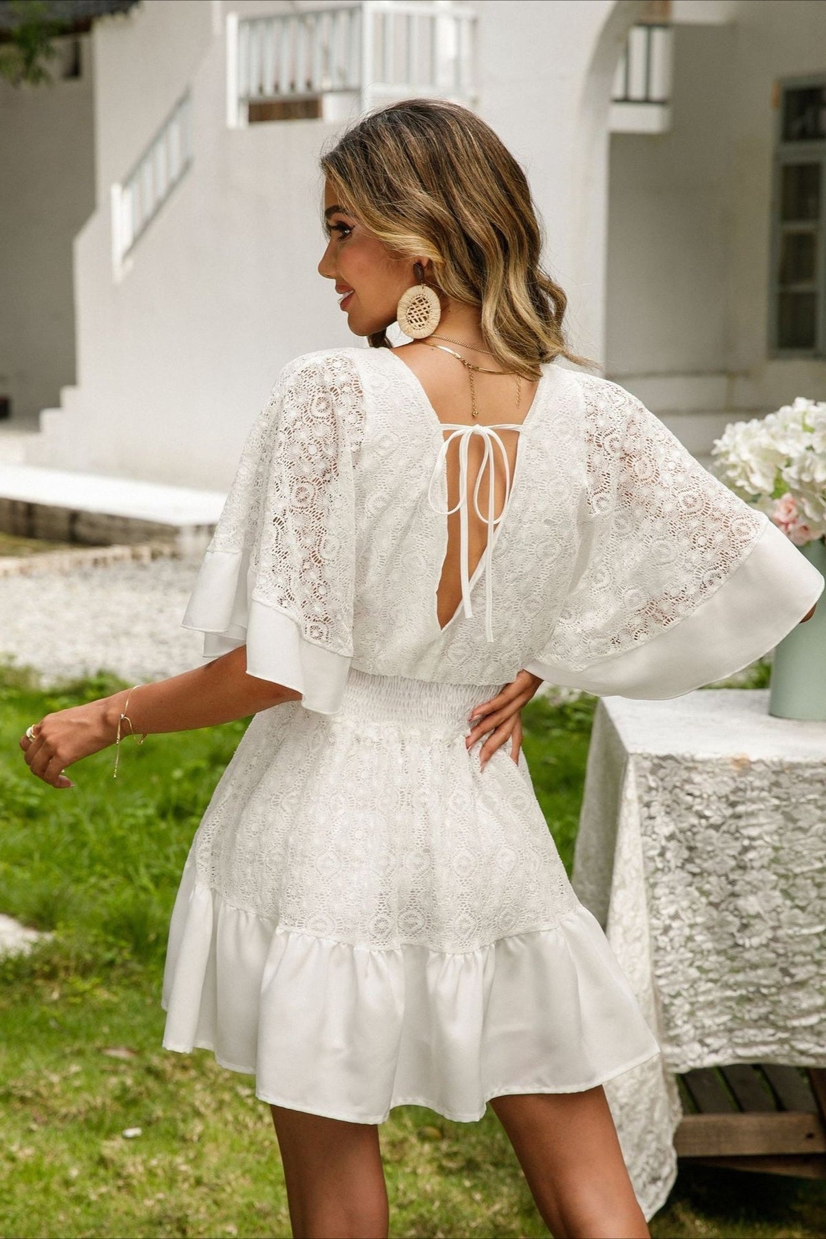 Lace V-Neck Flutter Sleeve Smocked Waist Tiered Ruffle Mini Dress 2