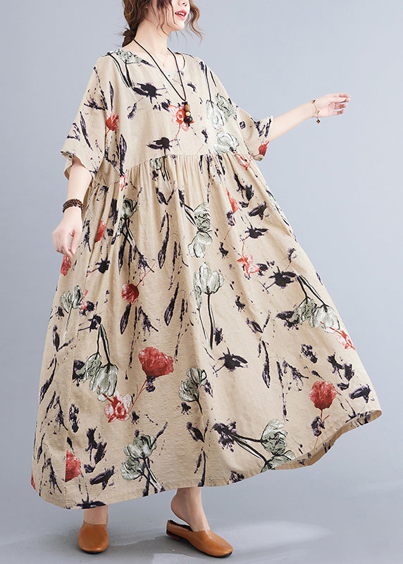 Floral Print Round Neck Elbow Sleeve Empire Waist Oversized Maxi Dress - View 3