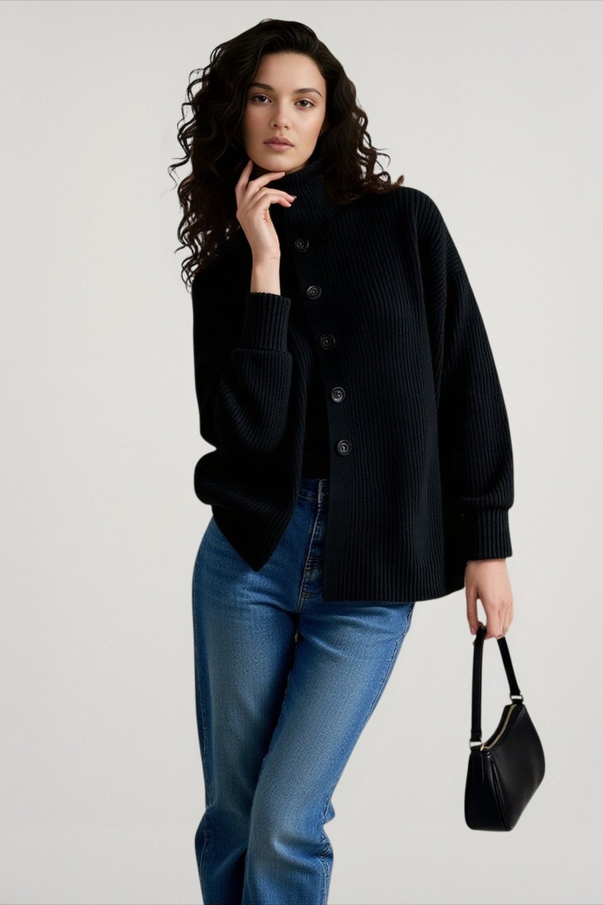 High Neck Button Front Ribbed Knit Oversized Cardigan 7