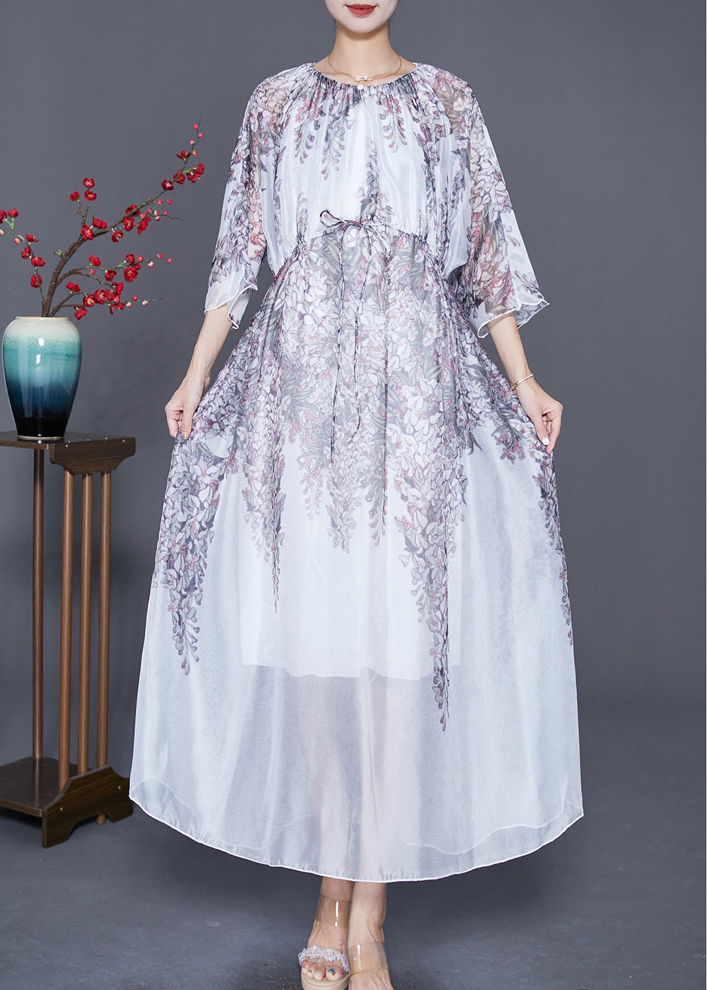 Wisteria Floral Print Sheer Chiffon Three Quarter Maxi Dress - View 2