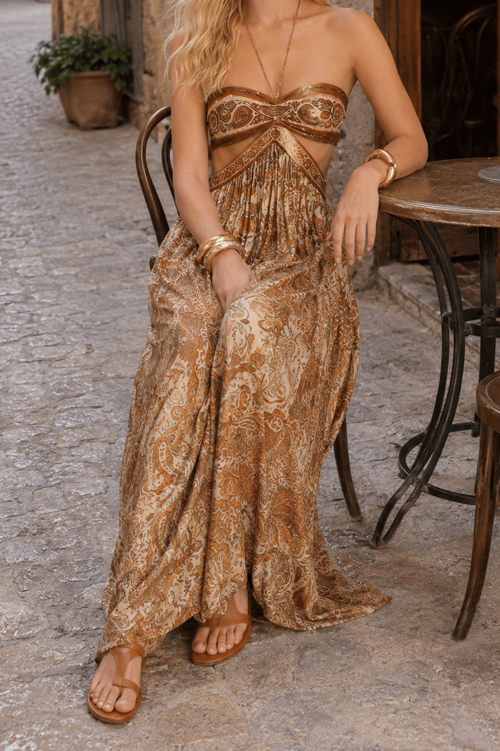 Paisley Print Strapless Cut Out Maxi Dress 2