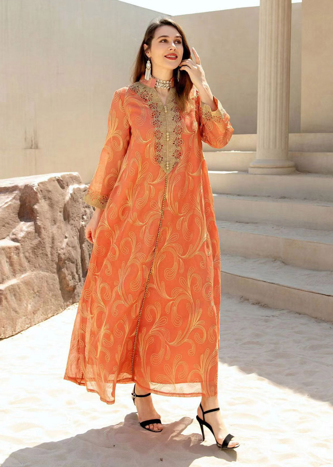 Embroidered Stand Collar Scroll Print Long Sleeve Maxi Dress - View 2