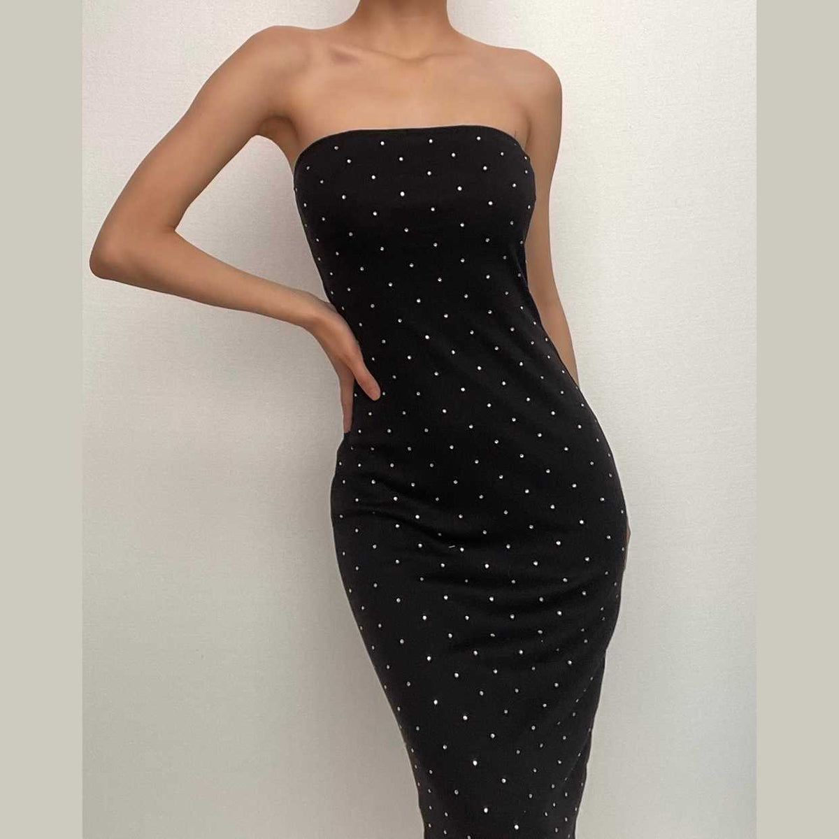 Solid beaded slit backless tube midi dress