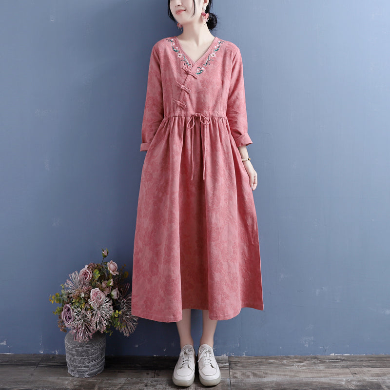 Jacquard Floral Embroidery Frog Button Wrap V-Neck Tie Waist Midi Dress - View 3