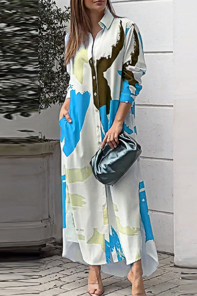 Collared Button Front Long Sleeve Pocket Slit Maxi Shirt Dress - View 8