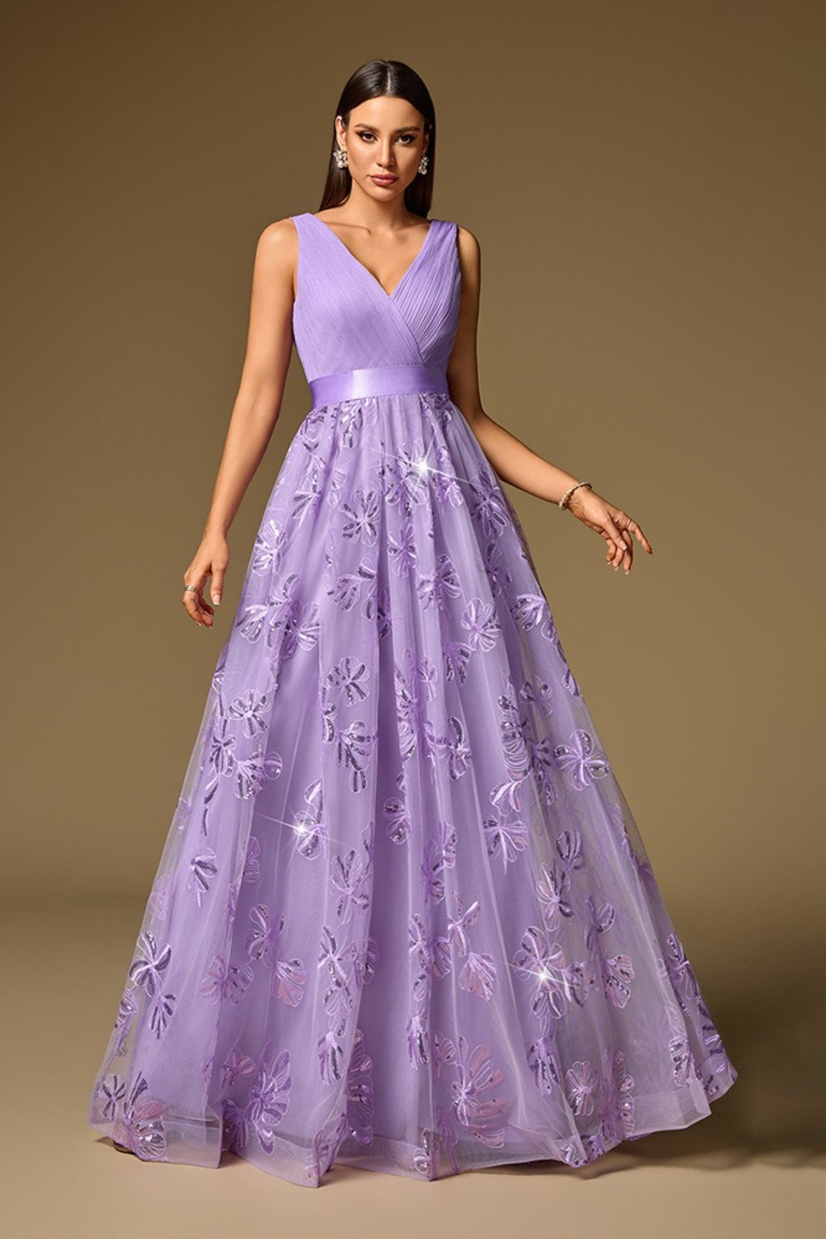 Floral Sequin V-Neck Ruched Tulle A-Line Gown