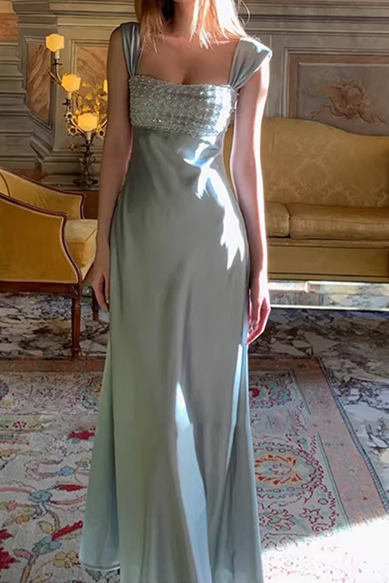 Satin Square Neck Cap Sleeve Beaded Empire Maxi Dress - View 2