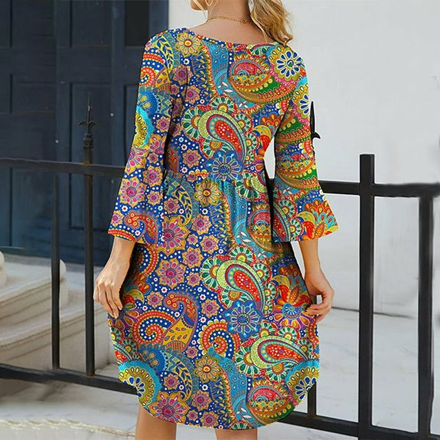 Paisley Print Scoop Neck Bell Sleeve Empire Waist Babydoll Mini Dress - View 2