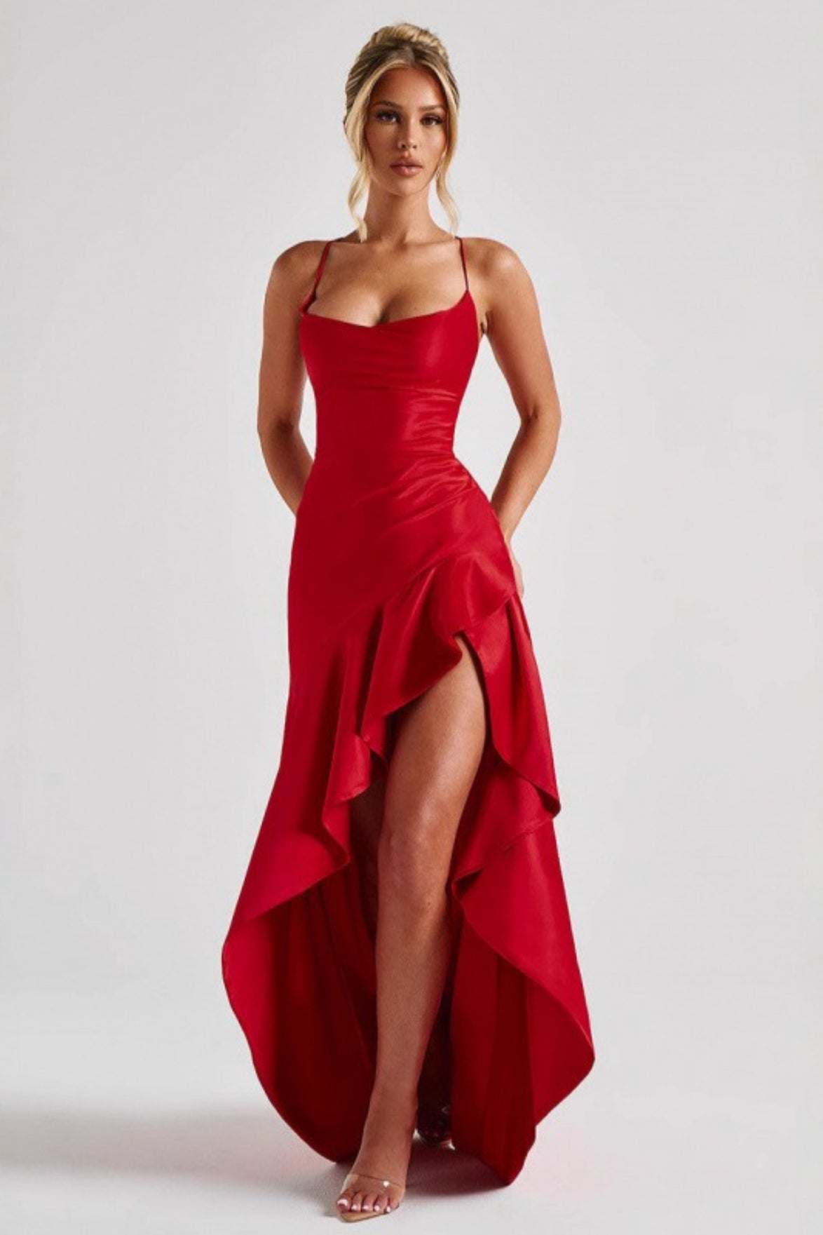 Satin Cowl Neck Spaghetti Strap Ruffle High Split Slip Maxi Dress