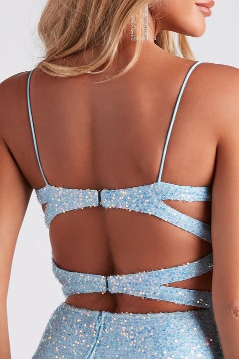 Sequin Spaghetti Strap Square Neck Bodycon Mini Dress in Blue - View 4