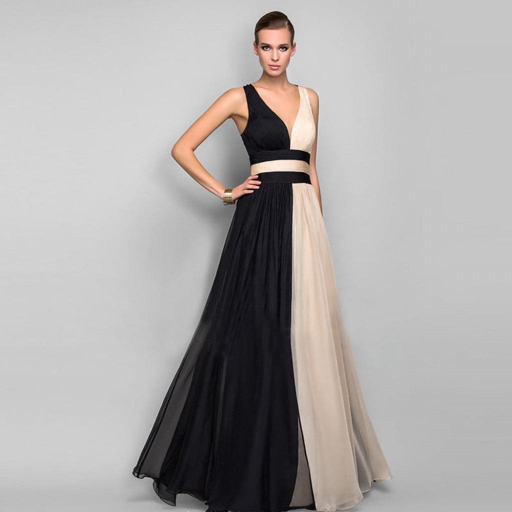 Colorblock Chiffon V-Neck Pleated A-Line Maxi Gown