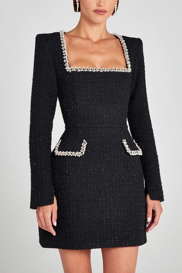 Tweed Square Neck Pearl Trim Long Sleeve Pocket Mini Dress - View 14