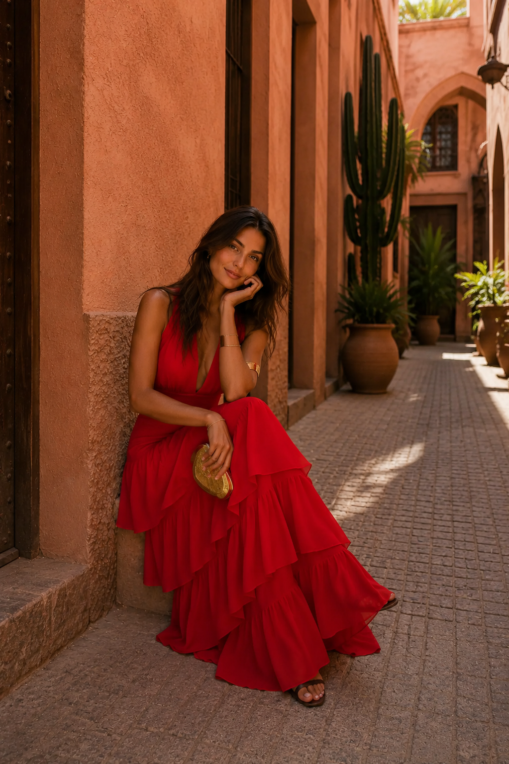Halter Deep V-Neck Tiered Ruffle Maxi Dress 3