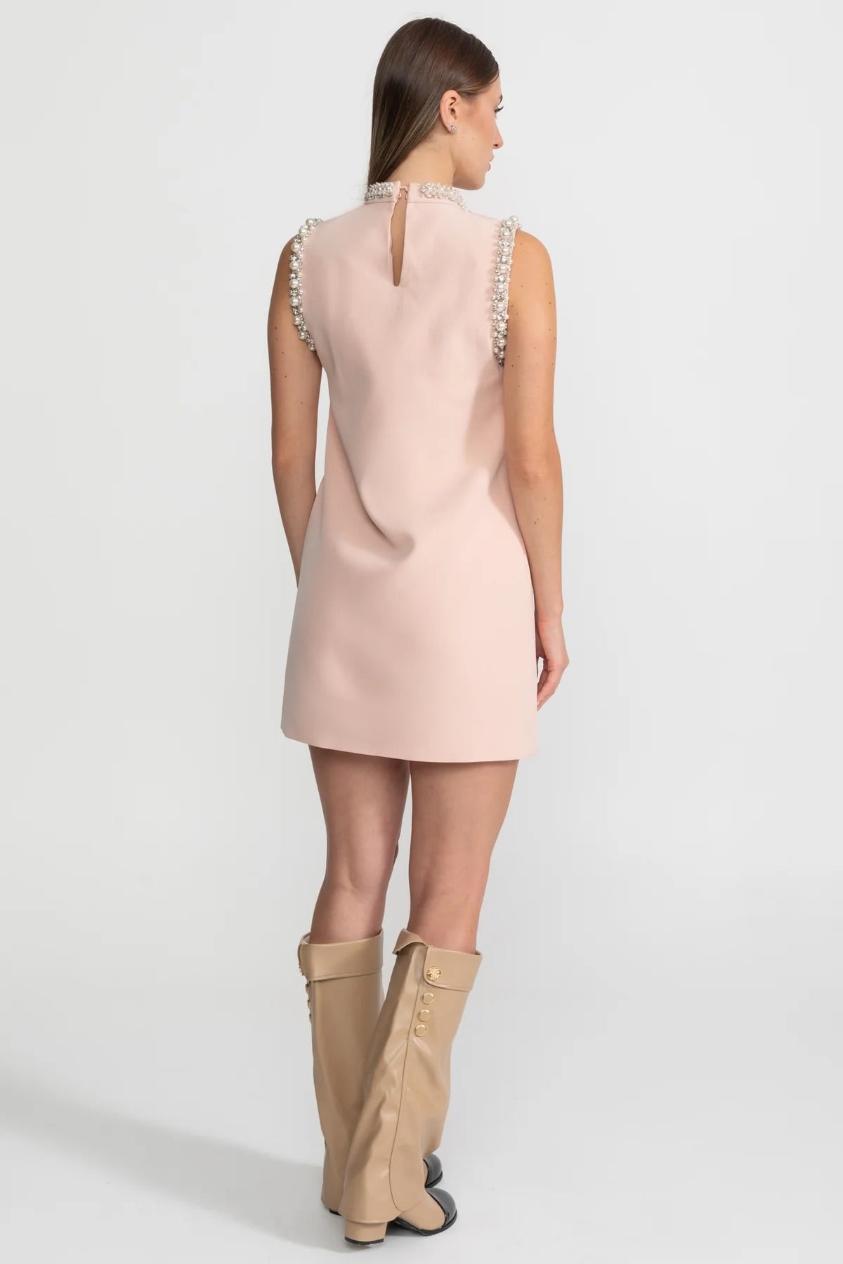 Pearl Embellished Sleeveless Shift Mini Dress High Neck Pearl Bib - View 8